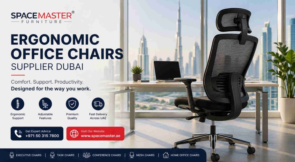 Modern ergonomic office chair in a professional Dubai workspace, showcasing premium comfort and support solutions by Spacemaster Furniture.