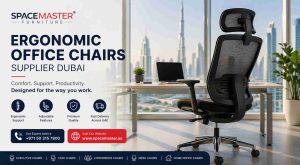 Modern ergonomic office chair in a professional Dubai workspace, showcasing premium comfort and support solutions by Spacemaster Furniture.