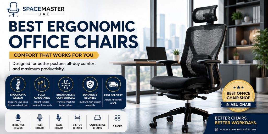 Best ergonomic office chair shop in Abu Dhabi by Spacemaster UAE offering affordable, comfortable & modern office seating solutions.