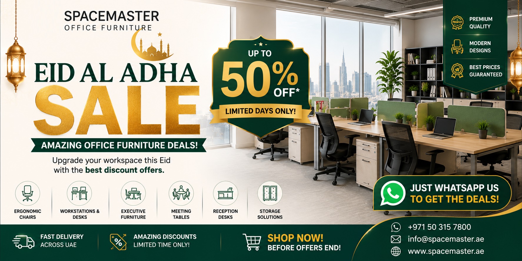 Shop Eid Al Adha office furniture sale in Dubai UAE. Get amazing discount offers on chairs, desks & workstations. WhatsApp Spacemaster now!