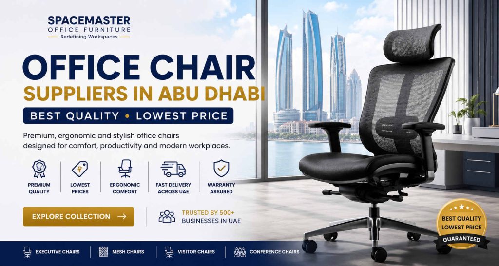 Find trusted office chair suppliers in Abu Dhabi offering ergonomic, executive, and affordable chairs with best quality, lowest prices, and fast UAE delivery.