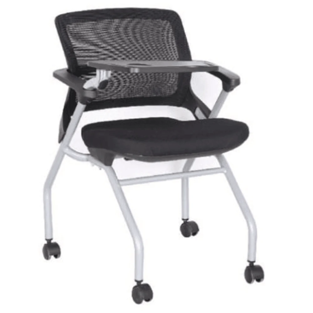 Foldable Mesh Training Chair with Writing Tablet & Castors | Spacemaster UAE Ergonomic mesh back training chair with foldable upholstered seat, heavy-duty writing tablet, aluminium mechanism, and smooth-rolling castors