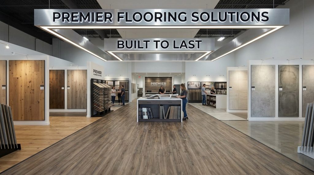 A wide-angle photograph taken inside a modern, spacious flooring showroom. The foreground shows a large section of durable commercial luxury vinyl plank (LVP) flooring with a realistic wood-grain pattern. Prominent overhead signage in polished metal and LED lighting reads: 'PREMIER FLOORING SOLUTIONS' and 'BUILT TO LAST'. The showroom is bright and well-lit, with high ceilings. Various product displays are visible, including large vertical panels showcasing different types of wide-plank hardwood, laminate, and engineered wood flooring. Other areas display ceramic tiles and polished concrete samples. Customers and staff are visible in the background, with a consultation desk and sample books. The overall impression is a professional, high-end retail space focused on long-lasting flooring materials.