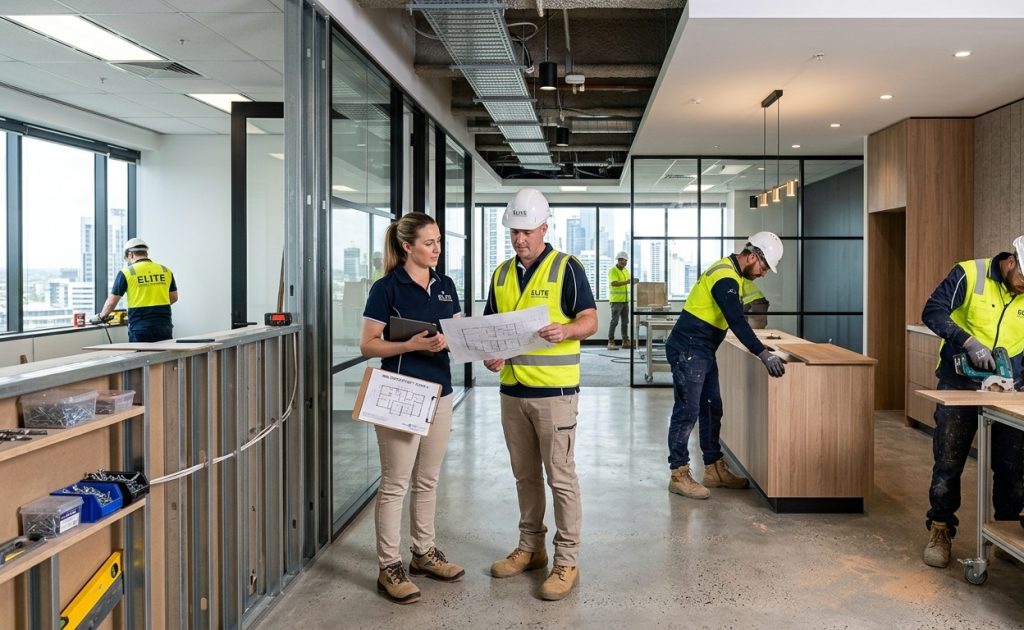 A modern commercial office under construction and fit-out, featuring project managers inspecting floor plans alongside trade professionals installing cabinetry, glass partitions, and wood paneling in a bright, open space.
