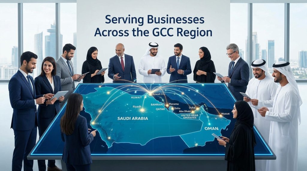 A corporate photograph shows a diverse team of men and women, wearing various professional business outfits including traditional Arab clothing, gathered in a modern office with large windows overlooking a city skyline. They are standing around a large, futuristic interactive digital table. A large screen behind them displays the words 'SERVING BUSINESSES ACROSS THE GCC REGION' above a detailed map of the Gulf Cooperation Council (GCC) countries. Multiple data lines are illustrated extending from a central point to various capitals across the Arabian Peninsula, indicating digital connectivity and business service distribution throughout the Middle East. People look engaged and are smiling, indicating collaboration and successful business relations.