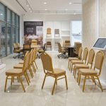 Crown-Back Gold Frame Banquet Chair | Checkered Fabric Stackable Chair Showroom