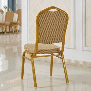 Shop the Crown-Back Gold Frame Banquet Chair with checkered fabric upholstery & high-density foam. Lightweight, stackable & ideal for hotels, weddings & banquets.