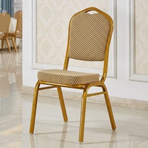 Shop the Crown-Back Gold Frame Banquet Chair with checkered fabric upholstery & high-density foam. Lightweight, stackable & ideal for hotels, weddings & banquets.